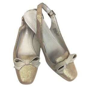 Donald J Pliner Gold Metallic Slingback Bow Kitten Heels Size 6.5 Glam Wedding